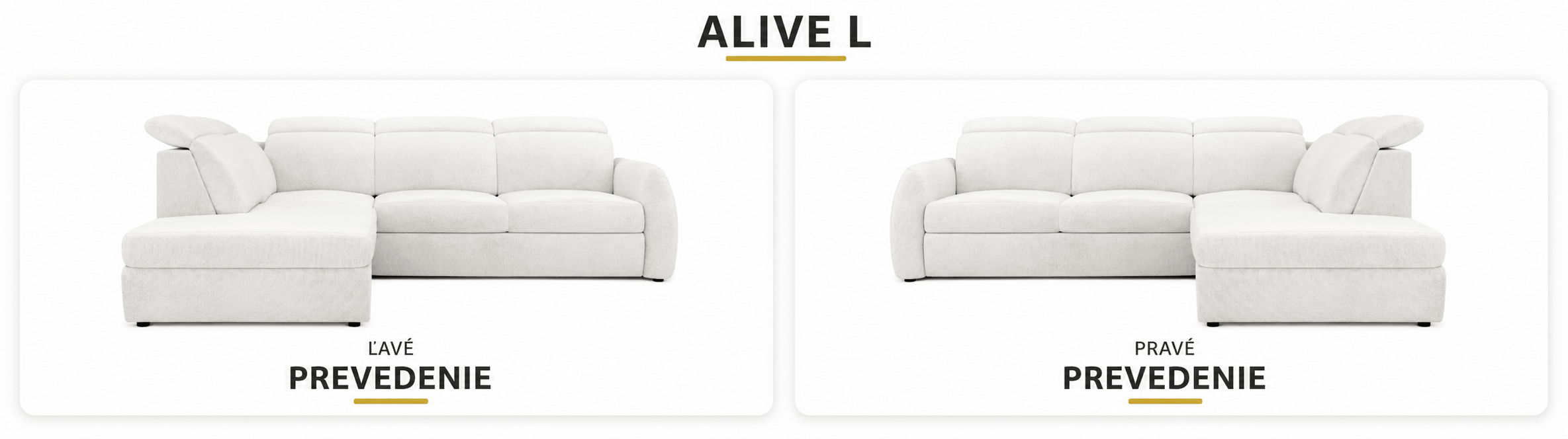 Rohová sedacia súprava ALIVE L – porovnanie ľavého a pravého prevedenia v rovnakom dizajne.